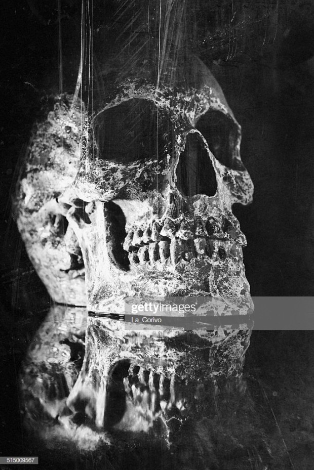 Scratch cracked and damaged human skull, reflection surface
